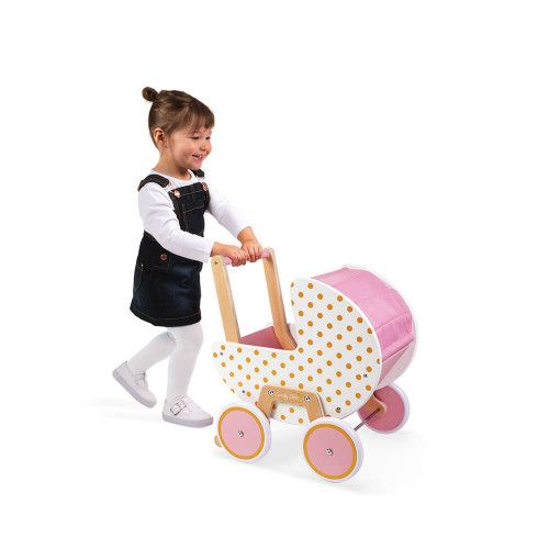 Landau Candy Chic en bois, rose et blanc, poussette, éveil marche, poupon et poupée, pour enfant dès 18 mois JANOD