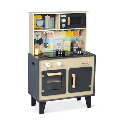 Grande Cuisine Mozaïc en bois, imitation dinette marchande, sonore et lumineuse, 6 accessoires, pour enfant dès 3 ans JANOD