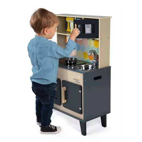 Grande Cuisine Mozaïc en bois, imitation dinette marchande, sonore et lumineuse, 6 accessoires, pour enfant dès 3 ans JANOD