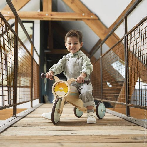 Tricycle 2 en 1 à bascule en bois FSC, modulable, porteur bébé, vintage, éveil et équilibre pour enfant dès 12 mois JANOD