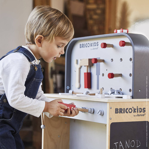 Etabli Reverso Brico'kids en bois, double-face, imitation bricolage, magnétique, descendeur, pour enfant dès 3 ans JANOD