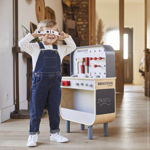 Etabli Reverso Brico'kids en bois, double-face, imitation bricolage, magnétique, descendeur, pour enfant dès 3 ans JANOD