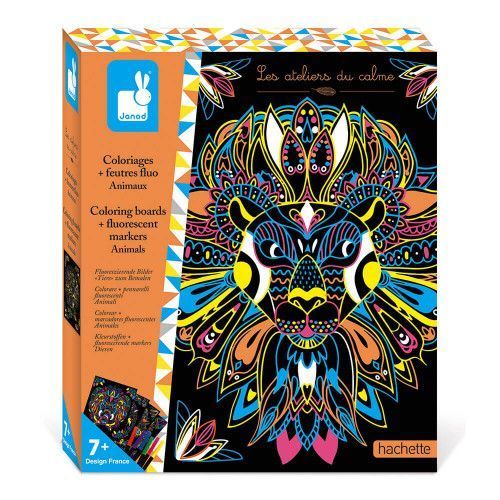 Kit créatif coloriages et feutres fluo animaux, loisir créatif, animaux à colorier, pour enfant dès 7 ans JANOD