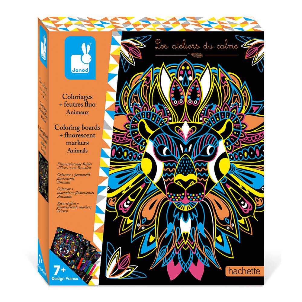 Kit creativo - Colorear mandalas y rotuladores fluorescentes Animales :  Pintura por Números y coloreado Janod - J07949