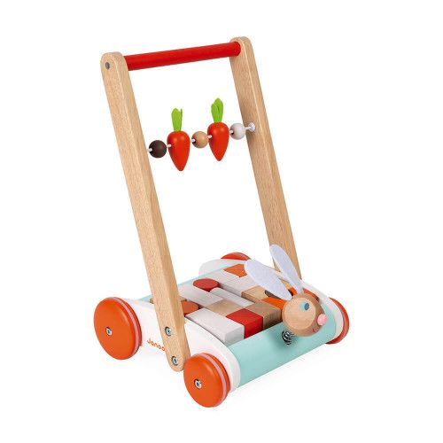 Chariot de marche Janod Lapin, jouet d'éveil, motricité, marche, 19 cubes en bois, pour enfant dès 12 mois JANOD