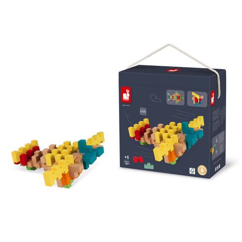 Set de construction 100 pièces en bois, jeu de construction, modèles inclus, pour enfant dès 6 ans JANOD