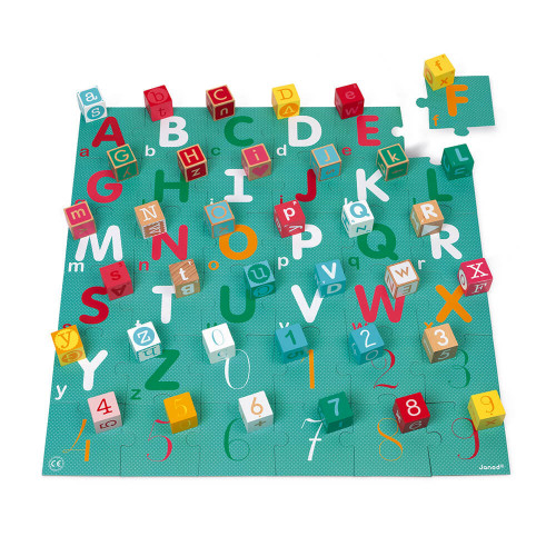Kubix 40 cubes et puzzle carton lettres et chiffres en bois, jeu de construction, jeu d'éveil, jeu 2-en-1, pour enfant dès 2 ans