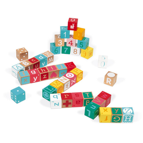 40 lettere e numeri Blocchi di legno con tappeto di gioco 2+ Janod Kubix 