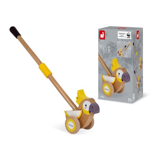 Cacatoès à pousser en bois partenariat WWF, développer la motricité, jeu d'éveil, marche, pour enfant dès 18 mois JANOD