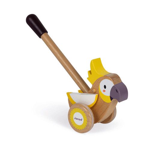Cacatoès à pousser en bois partenariat WWF, développer la motricité, jeu d'éveil, marche, pour enfant dès 18 mois JANOD