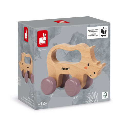 Rhino à promener en bois FSC partenariat WWF, motricité, marche, jouet d'éveil, pour enfant dès 12 mois JANOD