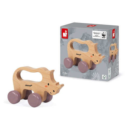 Rhino à promener en bois FSC partenariat WWF, motricité, marche, jouet d'éveil, pour enfant dès 12 mois JANOD