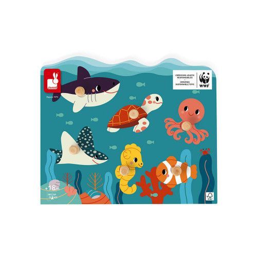 Puzzle à tenons en bois FSC animaux marins partenariat WWF, 6 pièces, développe la motricité, manipulation, imagination, premier