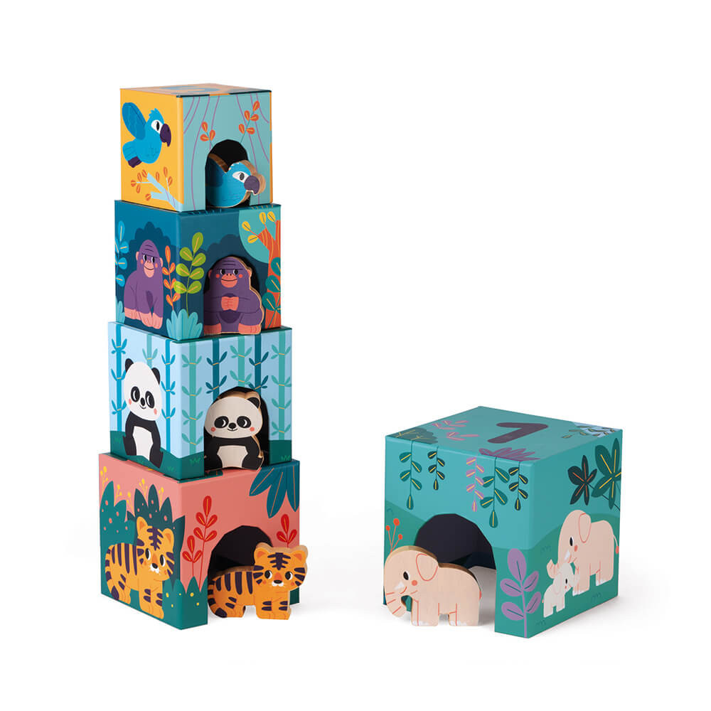 Cardboard Tower with Wooden Animal Figures In partnership with WWF® :  Blocks & Pyramids Janod - J08623