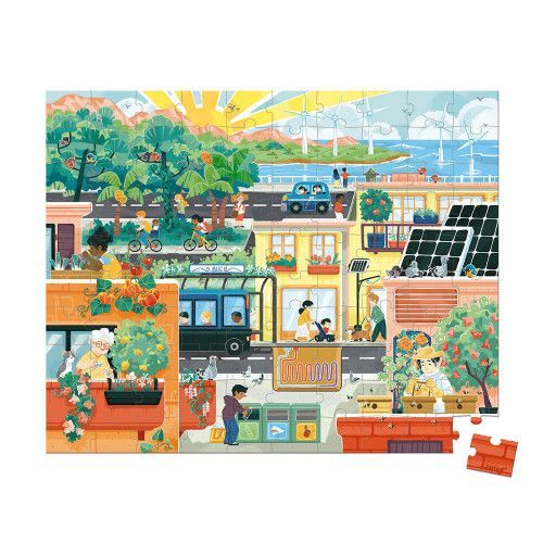 Puzzle ville verte 100 pièces partenariat WWF, carton FSC, made in France, développe la motricité fine, concentration, manipulat