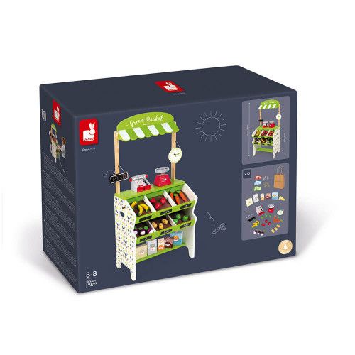 Épicerie Green Market en bois 32 accessoires marchande vert blanc pour enfant à partir de 3 ans