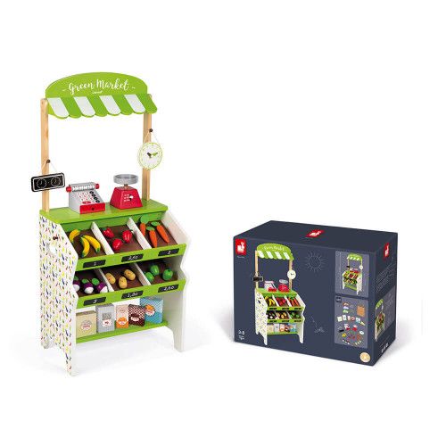 Épicerie Green Market en bois 32 accessoires marchande vert blanc pour enfant à partir de 3 ans