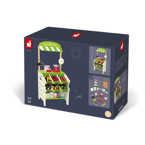 Épicerie Green Market en bois 32 accessoires marchande vert blanc pour enfant à partir de 3 ans