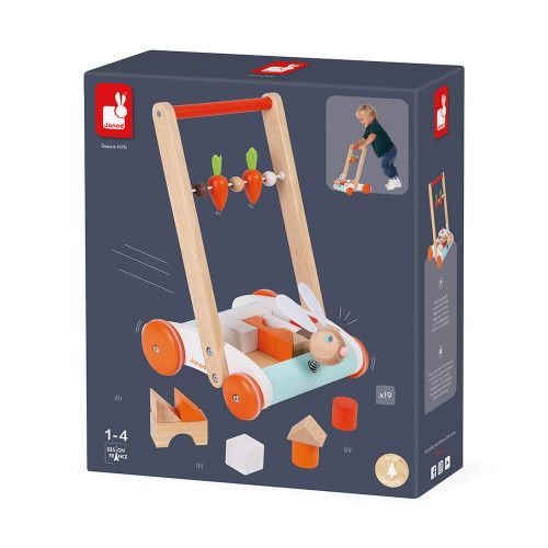 Chariot de marche Janod Lapin, jouet d'éveil, motricité, marche, 19 cubes en bois, pour enfant dès 12 mois JANOD