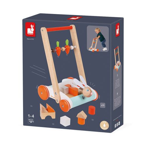 Chariot de marche Janod Lapin, jouet d'éveil, motricité, marche, 19 cubes en bois, pour enfant dès 12 mois JANOD