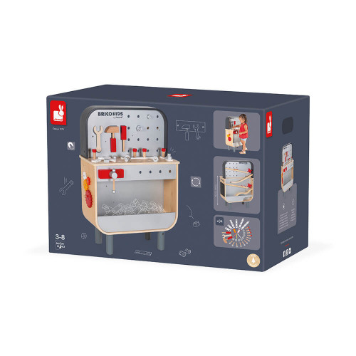 Etabli Reverso Brico'kids en bois, double-face, imitation bricolage, magnétique, descendeur, pour enfant dès 3 ans JANOD
