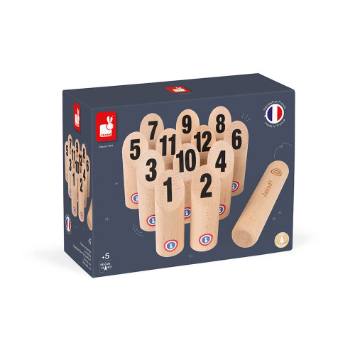 Jeu de quilles en bois, fabriqué en France, plein air, sport, motricité, molkky, pour enfant dès 5 ans JANOD