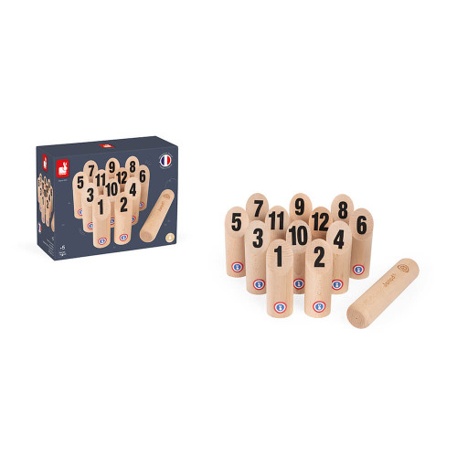 Jeu de quilles en bois, fabriqué en France, plein air, sport, motricité, molkky, pour enfant dès 5 ans JANOD