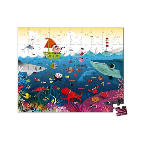 Puzzle le monde sous-marin en carton FSC, 100 pièces avec valisette, encre végétale, made in france, pour enfant dès 6 ans JANOD