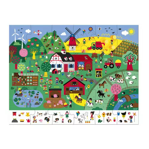 Puzzle d'observation la ferme en carton FSC, 24 pièces, valisette, encre végétale, made in france, pour enfant dès 3 ans JANOD