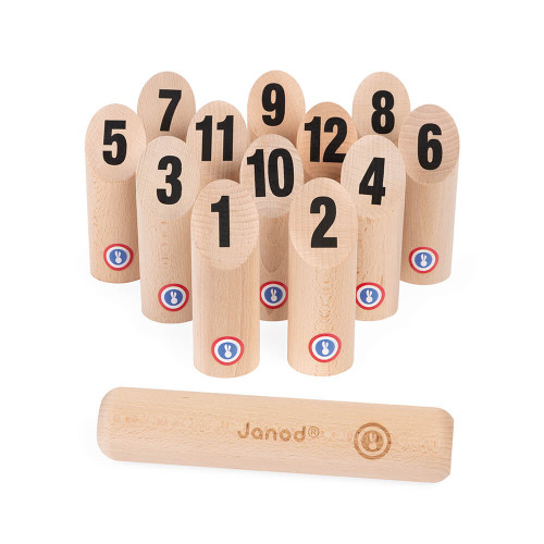 Jeu de quilles en bois, fabriqué en France, plein air, sport, motricité, molkky, pour enfant dès 5 ans JANOD