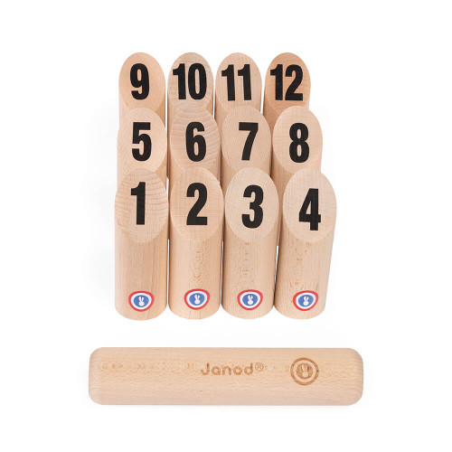 Jeu de quilles en bois, fabriqué en France, plein air, sport, motricité, molkky, pour enfant dès 5 ans JANOD