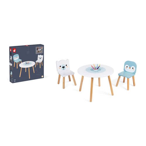 Table et 2 chaises Banquise en bois, meuble décoration, bureau chambre, dessin, animaux, pour enfant à partir de 3 ans JANOD