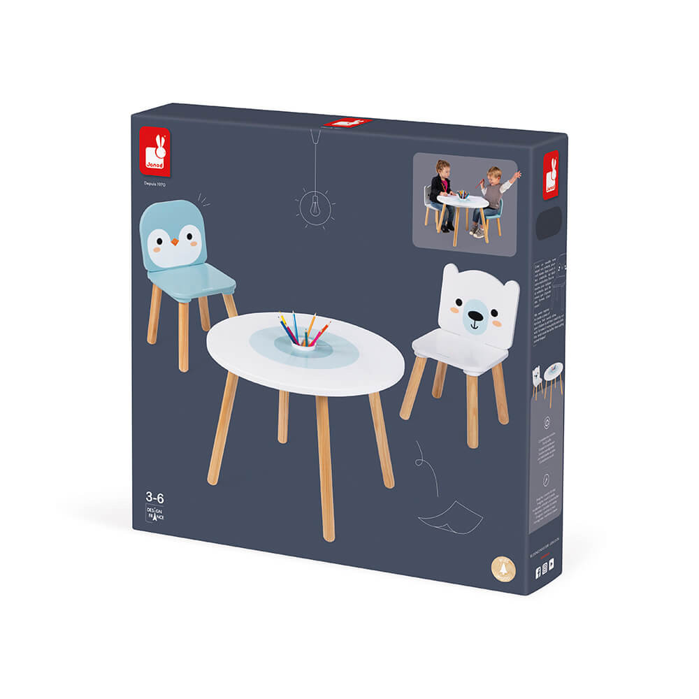 Set Tavolo E 2 Sedie Janod Banchisa - Legno Per Bambini 3-6 Anni Con Portapenne, Design Orso E Pinguino - Foto 8