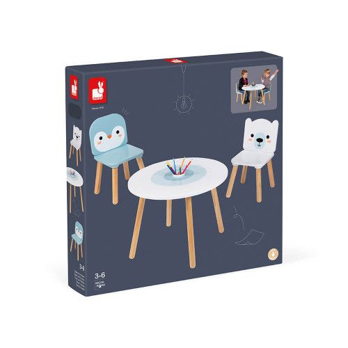 Table et 2 chaises Banquise en bois, meuble décoration, bureau chambre, dessin, animaux, pour enfant à partir de 3 ans JANOD