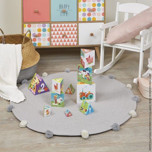 Pyramide triangle la Vie à la Ferme, cubes en carton, animaux, éveil motricité manipulation bébé, pour enfant dès 12 mois JANOD