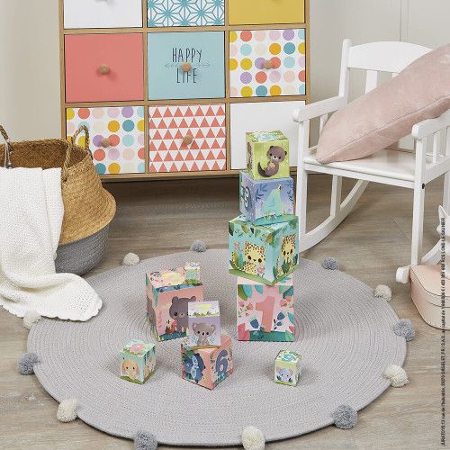 Pyramide Carrée les Animaux tous mignons, cubes en carton, éveil motricité manipulation bébé, pour enfant dès 12 mois JANOD