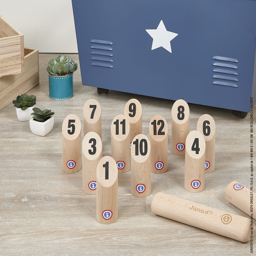 Jeu de quilles en bois, fabriqué en France, plein air, sport, motricité, molkky, pour enfant dès 5 ans JANOD