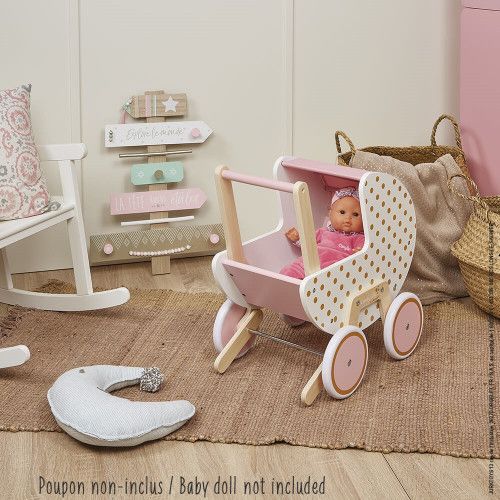 Landau Candy Chic en bois, rose et blanc, poussette, éveil marche, poupon et poupée, pour enfant dès 18 mois JANOD