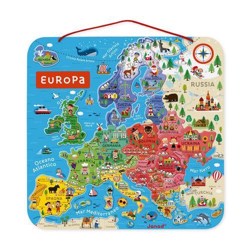 Carte d'Europe Magnétique en bois, italien, puzzle géographie, 40 magnets, enfant à partir de 7 ans JANOD