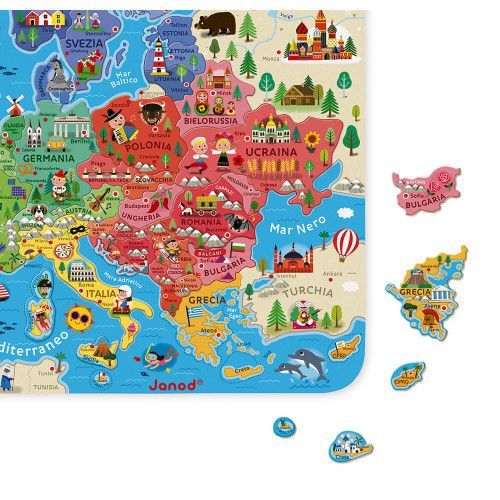 Carte d'Europe Magnétique en bois, italien, puzzle géographie, 40 magnets, enfant à partir de 7 ans JANOD