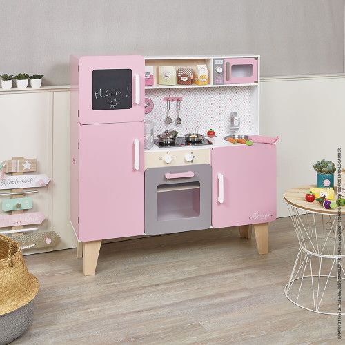 Maxi Cuisine Macaron en bois sonore lumineuse rose 15 accessoires enfant à partir de 3 ans