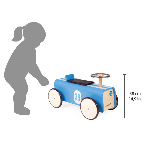 Porteur voiture en bois, vintage, trotteur, motricité équilibre, bleu, pour enfant à partir de 2 ans JANOD