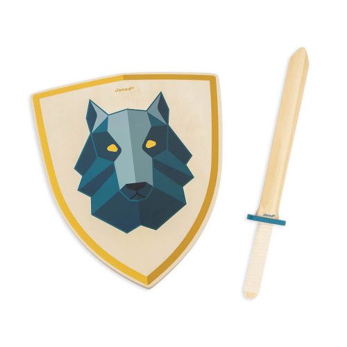 Set du chevalier en bois Loup pour enfant dès 3 ans, accessoires plein air, épée et bouclier en bois FSC, JANOD