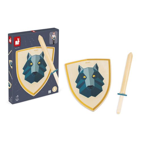 Set du chevalier en bois Loup pour enfant dès 3 ans, accessoires plein air, épée et bouclier en bois FSC, JANOD