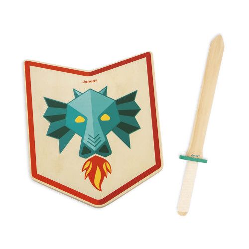 Set du chevalier en bois Dragon pour enfant dès 3 ans, accessoires plein air, épée et bouclier en bois FSC, JANOD