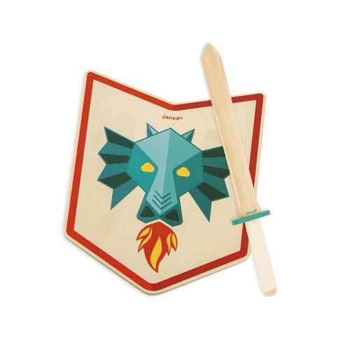 Set du chevalier en bois Dragon pour enfant dès 3 ans, accessoires plein air, épée et bouclier en bois FSC, JANOD