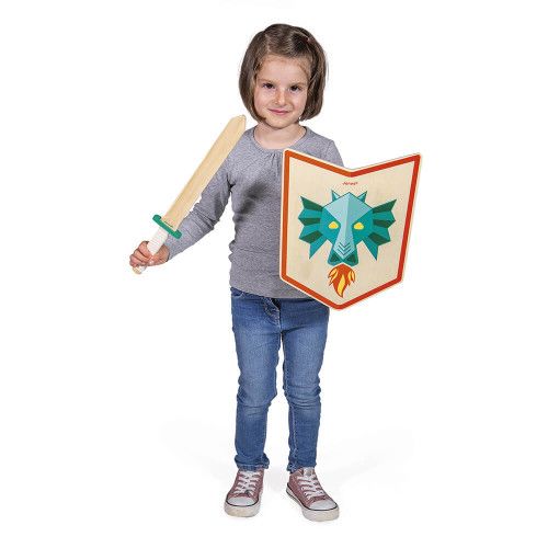 Set du chevalier en bois Dragon pour enfant dès 3 ans, accessoires plein air, épée et bouclier en bois FSC, JANOD