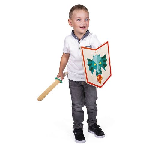 Set du chevalier en bois Dragon pour enfant dès 3 ans, accessoires plein air, épée et bouclier en bois FSC, JANOD