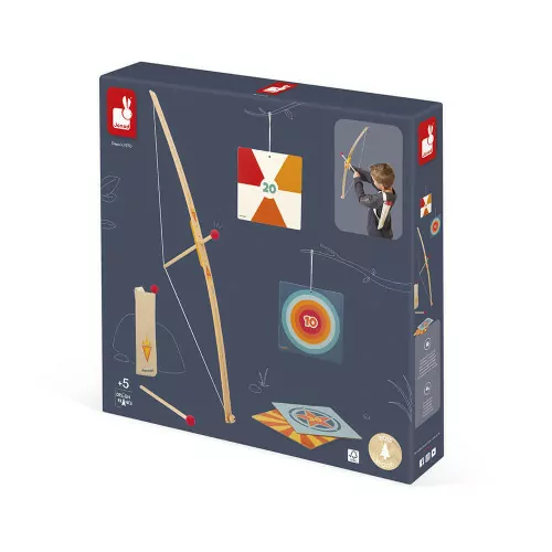 Set de tir à l'arc en bois pour enfant dès 5 ans, accessoires en bois FSC, jeu de plein air avec cibles en carton, JANOD