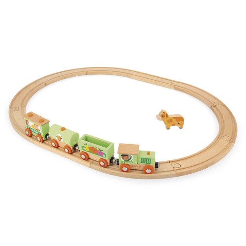 Train et rails en bois FSC pour enfant dès 3 ans, thème ferme, 10 rails et 1 train, JANOD